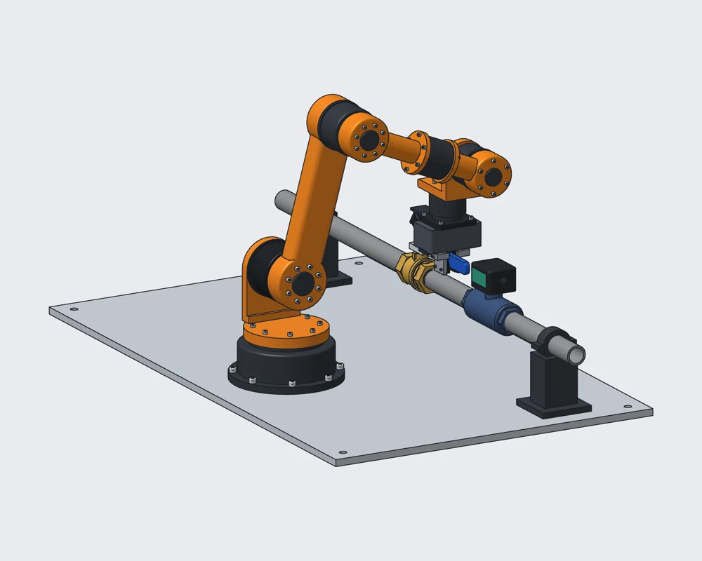 CAD model of the arm reaching over the pipe to the valve lever