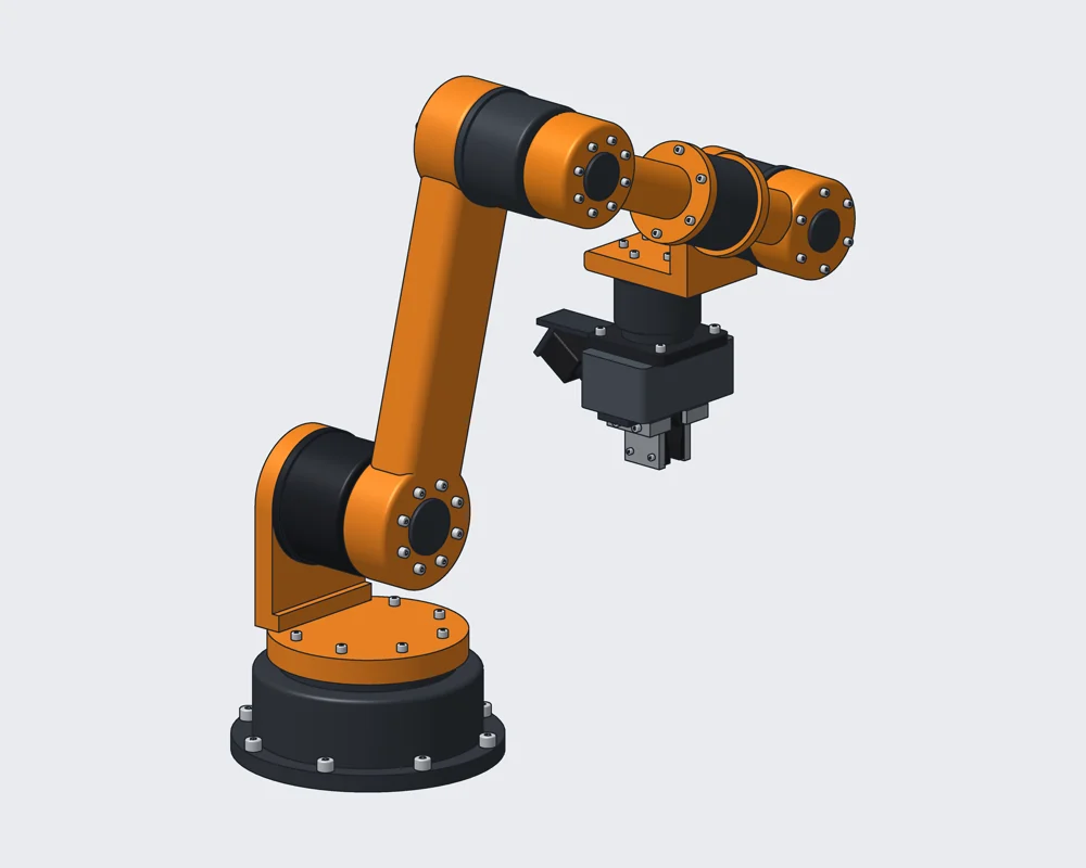 CAD model of the 6-axis arm: black joint modules bolted flange to flange with orange aluminum links
