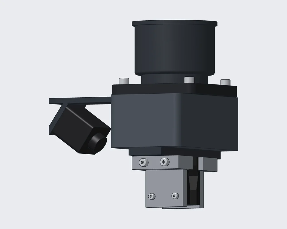 CAD model of the parallel gripper with bolted finger plates and a wrist camera angled down at the fingertips