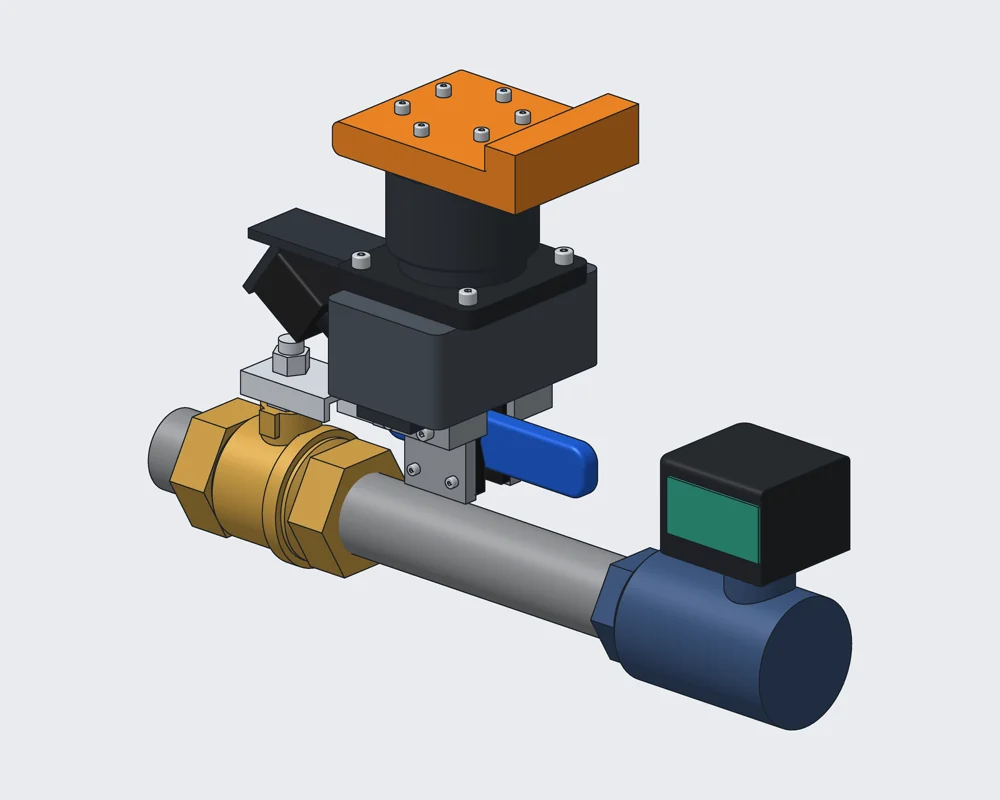 CAD detail: gripper fingers straddling the ball-valve lever grip, next to the inline flow meter