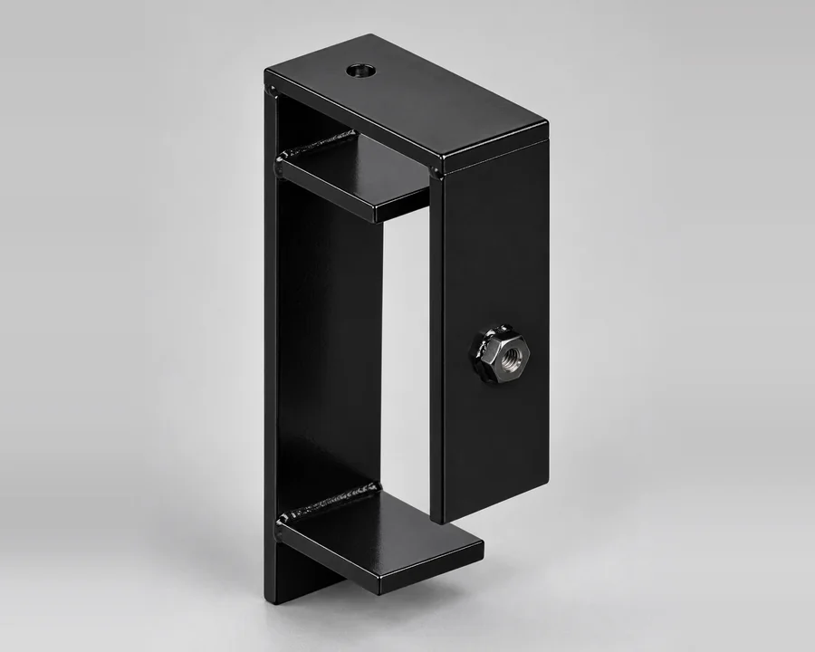 Black painted TIG-welded rim-hook bracket with standoff tabs and weld nut
