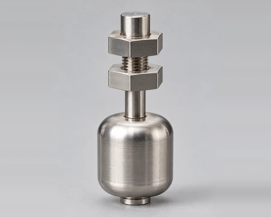 Brushed stainless reed float switch with M10 threaded stem and two hex nuts