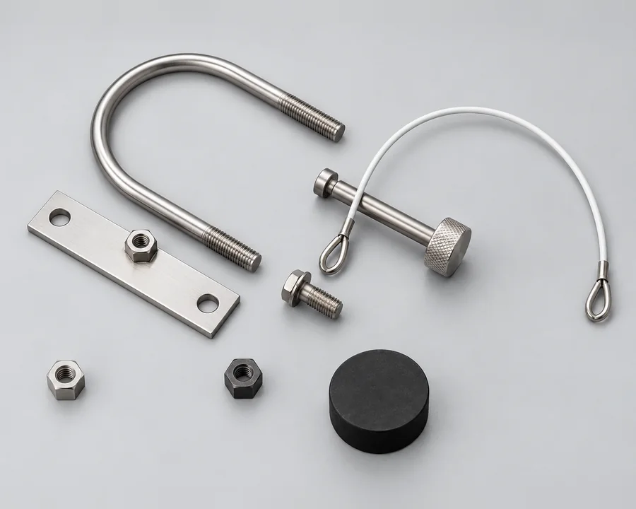 Mounting hardware: stainless U-bolt, plate, nuts, weld nut, clamp screw, bolt, rubber bumper and white safety lanyard