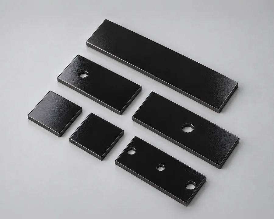 Six laser-cut black steel bracket parts laid flat