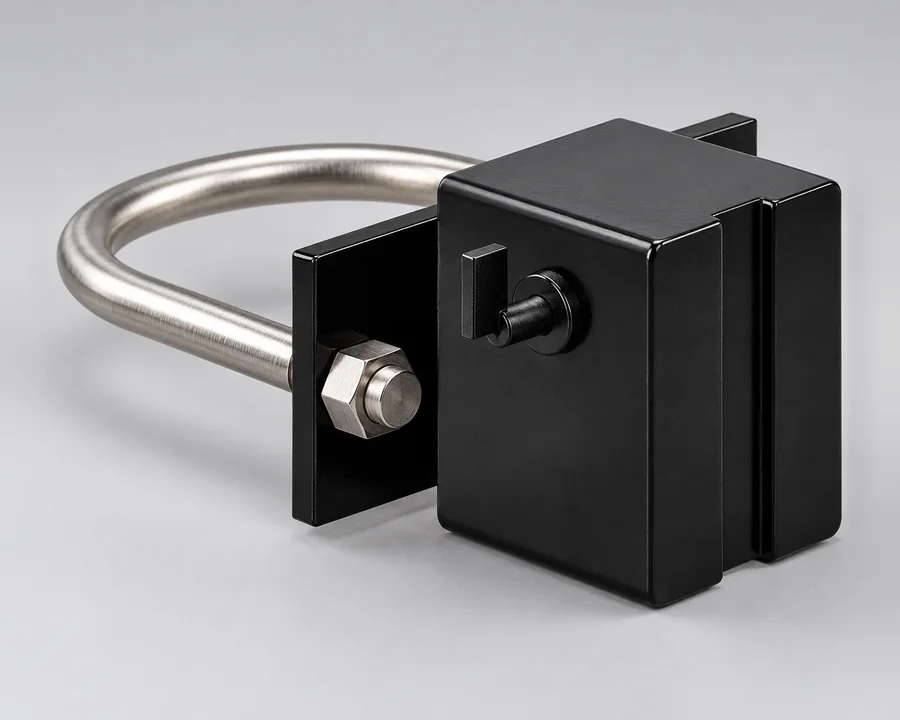 Switchable magnetic base bolted to a black steel plate on a stainless U-bolt